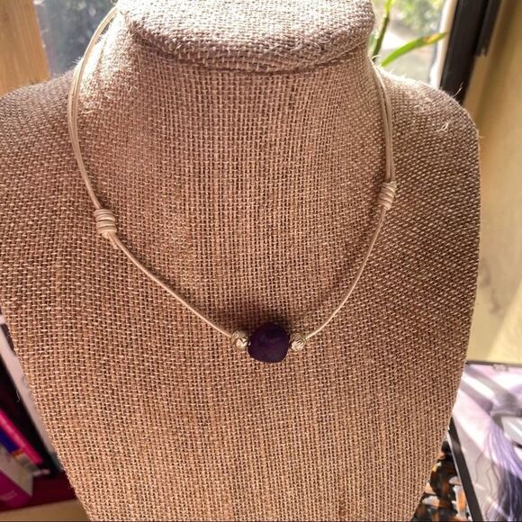 Purple Agate pearl white leather Choker - Picture 5 of 6